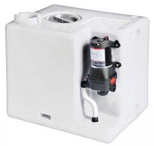 Tatlı su tank sistemi. Polietilen su tankı ve 12.8 litre/dakika kapasiteli otomatik, 12V hidrofor